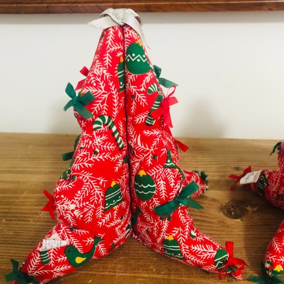 Two Vintage Quilted Fabric 8" Christmas Trees Bows Holiday Table Decor - Picture 2 of 11